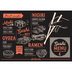 Sushi menu for restaurant and cafe. Design template with food hand-drawn graphic illustrations.